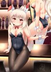  1girl absurdres alternate_costume animal_ears arm_support ass ayanami_(azur_lane) azur_lane bangs bar bar_stool bare_back bare_shoulders black_legwear black_leotard bottle breasts cleavage collarbone commentary_request dated detached_collar fake_animal_ears grey_hair hair_between_eyes hair_ornament hairband hand_on_hip highres inori_(xyz5568) leotard long_hair looking_at_viewer orange_eyes pantyhose playboy_bunny ponytail rabbit_ears retrofit_(azur_lane) sideboob sidelocks signature sitting sleeveless solo stool strapless strapless_leotard wine_bottle wrist_cuffs 