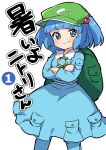  1girl backpack bag bangs blue_eyes blue_hair blue_shirt blue_skirt blunt_bangs closed_mouth crossed_arms flat_cap green_headwear hat highres kawashiro_nitori key long_sleeves looking_at_viewer miz_(mizillustration) shirt short_hair simple_background skirt smile solo touhou two_side_up v-shaped_eyebrows white_background 