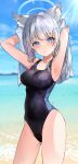  1girl animal_ear_fluff animal_ears armpits arms_up black_swimsuit blue_archive blue_eyes blue_sky blush breasts bright_pupils competition_swimsuit cowboy_shot day drying drying_hair grey_hair halo highres horizon light_rays long_hair manya_drhr medium_breasts mismatched_pupils ocean one-piece_swimsuit outdoors parted_lips shiroko_(blue_archive) sky solo sunbeam sunlight swimsuit towel water wet wet_hair wolf_ears 