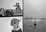  2022 absurd_res anthro binoculars bomber_jacket clothed clothing comic desert digital_media_(artwork) frown fur greyscale halcyon_(series) hi_res lost_andsafe lutrine male mammal monochrome mustelid pilot_(halcyon) sad simple_background solo topwear 