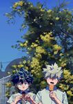  2boys bakugou_katsuki blonde_hair boku_no_hero_academia closed_mouth collared_shirt day eating fence food freckles green_eyes green_hair highres holding holding_food looking_up male_focus midoriya_izuku multiple_boys necktie niwa2wa_tori open_mouth outdoors popsicle red_eyes red_necktie school_uniform shirt short_hair short_sleeves spiked_hair tree u.a._school_uniform white_shirt 