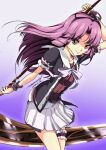  1girl 2022 black_jacket black_ribbon closed_mouth cowboy_shot dated eiyuu_densetsu floating_hair gradient gradient_background hair_intakes hair_ribbon holding holding_scythe jacket kuro_no_kiseki long_hair miniskirt open_clothes open_jacket pleated_skirt purple_background purple_hair red_vest renne_(eiyuu_densetsu) ribbon sailor_collar scythe shiny shiny_hair short_sleeves skirt smile solo standing thigh_strap tomo5656ky very_long_hair vest white_sailor_collar white_skirt yellow_eyes 