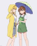  2girls animal_print blonde_hair brown_eyes brown_hair dated flower frog_print gekota green_overalls grey_shorts hair_between_eyes hair_flower hair_ornament highres holding holding_stuffed_toy holding_umbrella long_hair looking_at_another looking_at_viewer looking_to_the_side misaka_mikoto multiple_girls parted_lips raincoat shirt shokuhou_misaki short_hair shorts simple_background star-shaped_pupils star_(symbol) stuffed_toy symbol-shaped_pupils takatisakana toaru_kagaku_no_railgun toaru_majutsu_no_index umbrella white_shirt yellow_eyes yellow_raincoat 