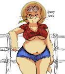  2019 anthro aunt_polly blue_bottomwear blue_clothing blue_jeans blue_pants bottomwear breasts checkered_clothing checkered_shirt checkered_topwear cleavage clothed clothing colored_sketch cowboy_hat dbaru denim denim_clothing dialogue domestic_cat english_text eyelashes eyewear felid feline felis female fence fur glasses grey_hair hair hat headgear headwear jeans looking_aside mammal mature_anthro mature_female navel overweight overweight_anthro overweight_female pants pattern_clothing pattern_shirt pattern_topwear red_clothing red_shirt red_topwear shadow shirt short_jeans simple_background sketch smile solo standing straw straw_in_mouth tan_body tan_fur text thick_thighs tied_shirt tom_sawyer_(2000_film) topwear whiskers white_background 