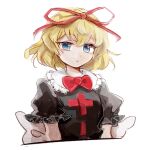  1girl bangs blonde_hair blue_eyes bow bowtie cropped_torso hair_ribbon hiroshige_36 looking_at_viewer medicine_melancholy parted_lips red_bow red_bowtie red_ribbon ribbon short_hair short_sleeves simple_background solo touhou white_background 