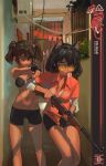  2girls absurdres aiming_at_viewer animal_ears bangs bare_shoulders bikini black_bikini black_hair black_shorts breasts brown_hair cat_ears cat_girl cigarette cleavage closed_mouth collarbone collared_shirt commentary english_commentary gun hair_ornament highres holding holding_gun holding_weapon looking_at_viewer medium_hair multiple_girls navel original polilla red_shirt revolver rifle shirt short_shorts shorts standing stomach sunglasses swimsuit twintails weapon weapon_request window yellow_eyes 