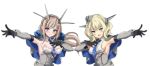  2girls between_breasts black_gloves blonde_hair blue_bow blue_capelet blue_eyes blue_necktie bow braid breasts capelet colorado_(kancolle) dress elbow_gloves garrison_cap gloves grey_capelet grey_dress grey_eyes grey_headwear hair_bow hat headgear kantai_collection light_brown_hair long_hair low_twintails maryland_(kancolle) medium_breasts mikagami_kagari multicolored_capelet multiple_girls necktie necktie_between_breasts shirt short_hair side_braids sideboob sleeveless sleeveless_shirt twintails upper_body white_shirt 