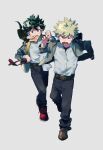  2boys absurdres bakugou_katsuki belt blazer blonde_hair boku_no_hero_academia brown_belt brown_footwear clenched_hand collared_shirt flower food food_in_mouth freckles fried_egg fried_egg_on_toast full_body green_eyes green_hair grey_background grey_jacket highres holding_necktie jacket late_for_school looking_at_viewer male_focus midoriya_izuku mouth_hold multiple_boys necktie niwa2wa_tori open_clothes open_jacket open_mouth pants red_flower red_necktie running school_uniform shirt shoes short_hair simple_background spiked_hair toast toast_in_mouth u.a._school_uniform white_shirt 