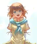  1girl :d akke blue_eyes brown_hair detached_sleeves fire_emblem fire_emblem:_path_of_radiance floating_hair hair_tubes long_hair looking_at_viewer mist_(fire_emblem) open_mouth ribbon-trimmed_sleeves ribbon_trim short_sleeves smile solo white_background white_sleeves yellow_tunic 