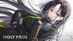  1girl bangs black_hair earrings guest_art highres idol idoly_pride jewelry long_hair mairo miho_(idoly_pride) purple_eyes simple_background 