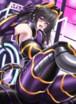  1girl :3 black_bodysuit black_gloves black_hair bodysuit breasts building cameltoe detached_sleeves duel_monster fake_tail gloves hair_ornament highres i:p_masquerena large_breasts looking_at_viewer medium_hair open_mouth purple_eyes purple_sleeves pussy seshiro_(which501) tail tongue yu-gi-oh! 
