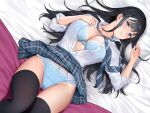  1girl bangs black_hair black_legwear blue_eyes blush bra breasts cameltoe closed_mouth clothes_lift collared_shirt commentary_request groin hand_on_own_chest large_breasts looking_at_viewer lying necktie on_back on_bed open_clothes open_shirt original pillow plaid plaid_skirt re:shimashima school_uniform see-through see-through_shirt shirt sidelocks skirt skirt_lift sleeves_rolled_up solo thighhighs underwear white_shirt 