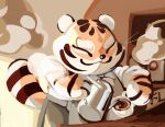  ambiguous_gender anthro beverage clothed clothing coffee coffee_mug eyes_closed felid fur holding_object mammal pantherine round_nose smile solo spunkzoid steam striped_body striped_fur stripes tiger 
