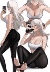  1girl ass bangs bare_shoulders barefoot black_legwear black_pants breasts cellphone cleavage collarbone corrin_(fire_emblem) corrin_(fire_emblem)_(female) exercise feet fire_emblem fire_emblem_fates hairband highres j@ck joy-con large_breasts long_hair midriff multiple_views navel pants phone pointy_ears red_eyes ring-con smartphone soles solo sports_bra stirrup_legwear sweat toeless_legwear toes white_hair yoga_pants 