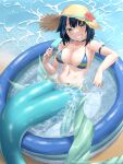  1girl artist_name awono_nanaumi bangs beach bikini bikini_top_only blue_bikini blue_hair blush breasts cleavage collarbone commentary_request food fukami_nana green_eyes hair_flaps hat highres holding holding_food large_breasts looking_at_viewer mermaid monster_girl navel original outdoors popsicle short_hair sitting smile solo straw_hat sun_hat swimsuit teeth wading_pool water watermark 