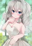  1girl absurdres alternate_costume blue_eyes blurry blurry_background breasts bridal_veil cleavage commentary_request cowboy_shot dress grey_hair highres jewelry kantai_collection kashima_(kancolle) large_breasts necklace pearl_necklace ring sidelocks solo strapless strapless_dress tears tiara twintails veil wavy_hair wedding_band wedding_dress white_dress yoshino_(mfmfpng) 