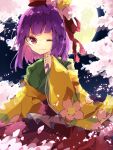  1girl ;) bangs cherry_blossoms commentary flower green_kimono hair_flower hair_ornament hair_ribbon hakama hand_up hieda_no_akyuu highres japanese_clothes kimono layered_clothes layered_kimono long_sleeves looking_at_viewer medium_hair moon night nikorashi-ka one-hour_drawing_challenge one_eye_closed petals red_eyes ribbon smile touhou wide_sleeves yellow_kimono 