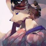  1girl animal_ears animal_nose blue_eyes body_fur claws commentary_request fox_ears fox_girl furry furry_female hair_ornament hair_stick hakumen_(housamo) hands_on_own_chin head_rest highres japanese_clothes jinnai10 kimono medium_hair orange_hair pawpads snout solo tokyo_afterschool_summoners upper_body white_background 