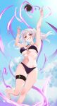  1girl absurdres alternate_costume armpits arms_up ball beach_volleyball bikini blue_sky breasts cloud commentary dark_persona day english_commentary fire_emblem fire_emblem_awakening fire_emblem_heroes floating_hair grima_(fire_emblem) highres jumping looking_at_viewer medium_breasts medium_hair navel outdoors purple_bikini purple_swimsuit red_eyes ritence robin_(fire_emblem) robin_(fire_emblem)_(female) sky smile solo sunlight sweat swimsuit teeth twintails volleyball white_hair 