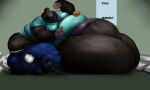  absurd_res anthro ape belly big_belly black_body black_fur clothing food fur gorilla haplorhine hi_res male mammal moobs morbidly_obese obese overweight overweight_male primate solo torn_clothing vhyena weight_gain 