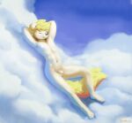  angel anthro balls blonde_hair canid canine cloud eyes_closed flaccid foreskin genitals hair halo hi_res male mammal nude penis solo sunhuiz white_body 