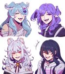  4girls ^_^ absurdres animal_ear_fluff animal_ears bell black_hair black_ribbon black_sweater braid closed_eyes elira_pendora fangs fox_ears fox_girl grey_hair hair_behind_ear hair_over_one_eye head_wings heterochromia highres lacka long_hair looking_at_viewer medium_hair mika_melatika mole multicolored_hair multiple_girls neck_bell neck_ribbon nijisanji nijisanji_en nijisanji_id nina_kosaka open_mouth overalls pointy_ears portrait red_eyes red_hair red_ribbon ribbon selen_tatsuki siblings sisters smile streaked_hair sweater twin_braids virtual_youtuber white_sweater 