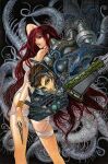  1boy 1girl breasts brown_eyes brown_hair cable cover cover_image cover_page covered_nipples dress gun hair_behind_ear highres hip_vent holding holding_gun holding_weapon medium_breasts novel_cover official_art oxygen_tank red_eyes red_hair tentacles thigh_strap treasure_hunter_yagashiradai_file v-shaped_eyebrows weapon white_dress yonemura_kouichirou 
