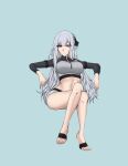  1girl absurdres ak-12_(age_of_slushies)_(girls&#039;_frontline) ak-12_(girls&#039;_frontline) bangs bare_legs barefoot blue_background breasts closed_mouth crossed_legs defy_(girls&#039;_frontline) english_commentary feet full_body girls&#039;_frontline hair_ribbon highres legs long_hair long_sleeves looking_at_viewer matsu_arts medium_breasts navel official_alternate_costume on_floor purple_eyes ribbon simple_background sitting solo sports_bikini sports_swimsuit thighs toes white_hair 