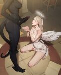  2girls angel angel_and_devil angel_wings bare_arms bare_shoulders black_skin blonde_hair blue_eyes chair clothed_female_nude_female colored_skin commentary completely_nude cupping_hands demon_girl dress english_commentary erection futa_with_female futanari futanari_masturbation halo hand_on_hip head_out_of_frame highres indoors long_hair looking_at_another looking_up masturbation multiple_girls nude open_mouth original penis sitting sketch tail tarakanovich testicles tongue tongue_out uncensored white_dress wings 
