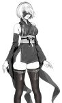  1girl bangs blindfold breasts closed_mouth commentary detached_sleeves greyscale hairband highres large_breasts long_sleeves mellow_rag monochrome nier_(series) nier_automata short_hair solo thighhighs thighs yorha_no._2_type_b 