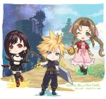  1boy 2girls aerith_gainsborough armor asymmetrical_bangs asymmetrical_hair baggy_pants bangs belt black_hair black_legwear black_skirt blonde_hair blue_eyes blue_pants blue_shirt boots braid braided_ponytail breasts brown_hair buster_sword chibi choker cloud_strife cropped_jacket curly_hair dress earrings final_fantasy final_fantasy_vii final_fantasy_vii_remake fingerless_gloves flower flower_basket full_body gloves green_eyes hair_ribbon jacket jewelry long_dress long_hair low-tied_long_hair midriff multiple_belts multiple_bracelets multiple_girls navel ohse one_eye_closed open_mouth pants parted_bangs pink_dress red_eyes red_jacket ribbon shirt shoulder_armor sidelocks skirt sleeveless sleeveless_turtleneck smile sparkle spiked_hair sports_bra suspender_skirt suspenders teeth tifa_lockhart turtleneck upper_teeth weapon weapon_on_back white_shirt yellow_flower 