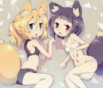  2girls animal_ear_fluff animal_ears ass bangs bikini black_bikini black_eyes black_hair blonde_hair blue_eyes blunt_bangs blush_stickers breasts fox_ears fox_girl fox_tail hand_on_own_stomach long_hair looking_at_viewer lying multiple_girls navel on_side open_mouth original ponytail short_hair side-tie_bikini small_breasts swimsuit tail thighs white_bikini yoshi_(crossmind) 