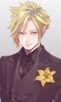  1boy asymmetrical_hair black_jacket black_shirt black_suit blonde_hair blue_eyes cloud_strife demi_co earrings final_fantasy final_fantasy_vii final_fantasy_vii_remake flower formal highres jacket jewelry looking_to_the_side necktie parted_lips shirt short_hair single_earring solo spiked_hair suit suit_jacket upper_body waistcoat yellow_flower 