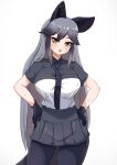  1girl akaisuto animal_ears black_gloves black_hair black_legwear black_necktie breasts brown_eyes fox_ears fox_girl fox_tail gloves gradient_hair grey_hair grey_skirt hands_on_hips highres kemono_friends large_breasts long_hair looking_at_viewer multicolored_hair necktie open_mouth pantyhose short_hair short_sleeves silver_fox_(kemono_friends) skirt solo tail 