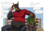  abdominal_bulge after_vore anthro belly bench big_belly black_body black_fur brown_body brown_fur bulge canid canine canis dialogue dobermann domestic_dog duo fur male male/male mammal pinscher same_size_vore sitting size_difference text ursid vore wolfsecret 