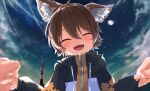  1boy animal_ears brown_hair closed_mouth dog_boy dog_ears ezumomo fangs highres indie_virtual_youtuber inumi_ruku jacket long_sleeves looking_at_viewer looking_down male_focus moon night night_sky official_art open_mouth short_hair sky star_(sky) starry_sky virtual_youtuber 