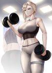  2girls absurdres alternate_costume ass asymmetrical_hair azur_lane black_legwear blonde_hair blue_eyes breasts ceiling ceiling_light dumbbell earrings english_commentary essex_(azur_lane) exercise fluorescent_lamp from_below grey_legwear grey_shirt gym highres hood_(azur_lane) impossible_clothes impossible_shirt indoors irkawaza jewelry large_breasts looking_away mature_female midriff multiple_girls pants purple_hair shirt side_ponytail skin_tight sleeveless sleeveless_shirt sports_bra standing sweatdrop thigh_strap tight tight_pants toned twintails yoga_pants 