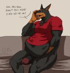  abdominal_bulge after_vore anthro belly big_belly black_body black_fur canid canine canis clothing dialogue dobermann domestic_dog erection fur furniture genitals hi_res male mammal open_mouth penis pinscher same_size_vore shirt sitting sofa tongue tongue_out topwear vore wolfsecret 