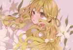  1girl blonde_hair breasts brown_eyes dress expressionless flower highres leaf long_hair looking_at_viewer medium_breasts original sakai_eri_(illustratoreri) solo symbol-only_commentary wavy_hair white_dress white_flower 