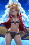  1girl bangs belly_chain bikini black_bikini blonde_hair blue_sky blush breasts collarbone fate/grand_order fate_(series) green_eyes hair_ornament hair_scrunchie highres hood hooded_jacket jacket jewelry long_hair long_sleeves looking_at_viewer mordred_(fate) mordred_(swimsuit_rider)_(fate) open_clothes open_jacket open_mouth outdoors parted_bangs ponytail prydwen_(fate) red_jacket revision scrunchie sidelocks sky small_breasts smile solo surfboard swimsuit thighs tonee 