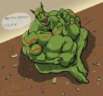  abdominal_bulge after_vore anthro belly big_belly dialogue ear_piercing ear_ring equid equine green_body green_skin horse humanoid hybrid long_ears male mammal muscular muscular_male open_mouth orc piercing ring_piercing sharp_teeth teeth text tongue tusks vore wolfsecret 