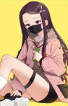  1girl absurdres alternate_costume black_mask black_shorts brown_hoodie casual colored_tips highres hood hoodie jacket kamado_nezuko kimetsu_no_yaiba long_hair looking_at_viewer mask mouth_mask multicolored_hair orange_hair pink_jacket purple_eyes purple_hair short_shorts shorts simple_background sitting solo steeb thigh_strap thighs two-tone_hair yellow_background 