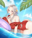  1girl absurdres alternate_breast_size bare_shoulders bent_over blush cloud cryptid_crab eating edelgard_von_hresvelg fire_emblem fire_emblem:_three_houses fire_emblem_heroes flower food gold_trim hair_flower hair_ornament highres ice_cream leaf ocean official_alternate_costume one-piece_swimsuit popsicle purple_eyes red_swimsuit sky swimsuit 