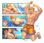  1boy abs absurdres air_bubble artist_name ball bara blonde_hair bubble closed_eyes fish food fruit granblue_fantasy green_eyes highres holding holding_food holding_fruit large_pectorals male_focus multiple_views muscular muscular_male navel nipples official_alternate_costume one_eye_closed oneirio orange_shorts pectorals short_hair shorts smile submerged teeth topless_male towel towel_around_neck vane_(granblue_fantasy) vane_(summer)_(granblue_fantasy) volleyball water watermelon 