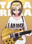  1girl absurdres breasts brown_hair character_name collarbone electric_guitar gibson_les_paul green_eyes grin guitar headphones highres idolmaster idolmaster_cinderella_girls instrument large_breasts looking_at_viewer nanod_(key1530) oversized_clothes oversized_shirt print_shirt shirt simple_background smile solo tada_riina upper_body white_shirt yellow_background 
