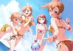 4girls ahoge ball bangs beachball bikini blue_eyes blush breasts collarbone commentary_request copyright_name day earrings embarrassed eyes_visible_through_hair feet_out_of_frame from_behind hair_between_eyes hair_bun hair_ornament highres holding holding_ball holding_beachball jewelry kousaka_honoka long_hair looking_at_another looking_at_viewer looking_back love_live! love_live!_nijigasaki_high_school_idol_club love_live!_school_idol_project love_live!_sunshine!! love_live!_superstar!! medium_hair morros multiple_girls navel ocean one_eye_closed one_side_up open_mouth orange_hair outdoors parted_lips purple_eyes red_eyes red_hair shibuya_kanon short_hair single_side_bun sky smile standing standing_on_one_leg swimsuit takami_chika uehara_ayumu wading yellow_eyes 