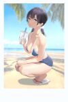  1girl absurdres bangs bare_legs beach black_hair blue_eyes blue_sky blue_swimsuit breasts cup day disposable_cup framed glint highres holding holding_cup kitashirakawa_tamako kneeling large_breasts long_hair looking_at_viewer ocean one-piece_swimsuit outdoors palm_tree sandals shadow sky solo sweat swimsuit tamako_market tiptoes tree twintails wudiyuzhouxiaohuanxiong 