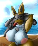  absurd_res anthro beach big_breasts blue_body blue_fur bodily_fluids breasts butt canid canine clothed clothing digital_media_(artwork) female food fur hi_res huge_breasts innuendo licking looking_at_viewer lucario mammal neksu nintendo pok&eacute;mon pok&eacute;mon_(species) popsicle sea seaside sky smile solo sucking tongue tongue_out underwear video_games water 