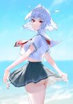  1girl ass blue_sky blurry blurry_background clothes_lift cowboy_shot fang from_side highres ichibi looking_at_viewer midriff neckerchief no_panties original outdoors pleated_skirt red_eyes red_nails red_neckerchief sailor_collar school_uniform serafuku short_hair short_sleeves sidelocks skin_fang skirt skirt_lift sky solo summer thighs wavy_mouth white_hair white_sailor_collar wind wind_lift 