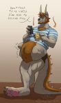  abdominal_bulge after_vore anthro beard belly big_belly body_hair brown_hair clothing dialogue facial_hair fur grey_body grey_fur hair hi_res horn hybrid male mammal mature_male muscular muscular_male rumbling_stomach same_size_vore shirt text topwear vore wolfsecret 